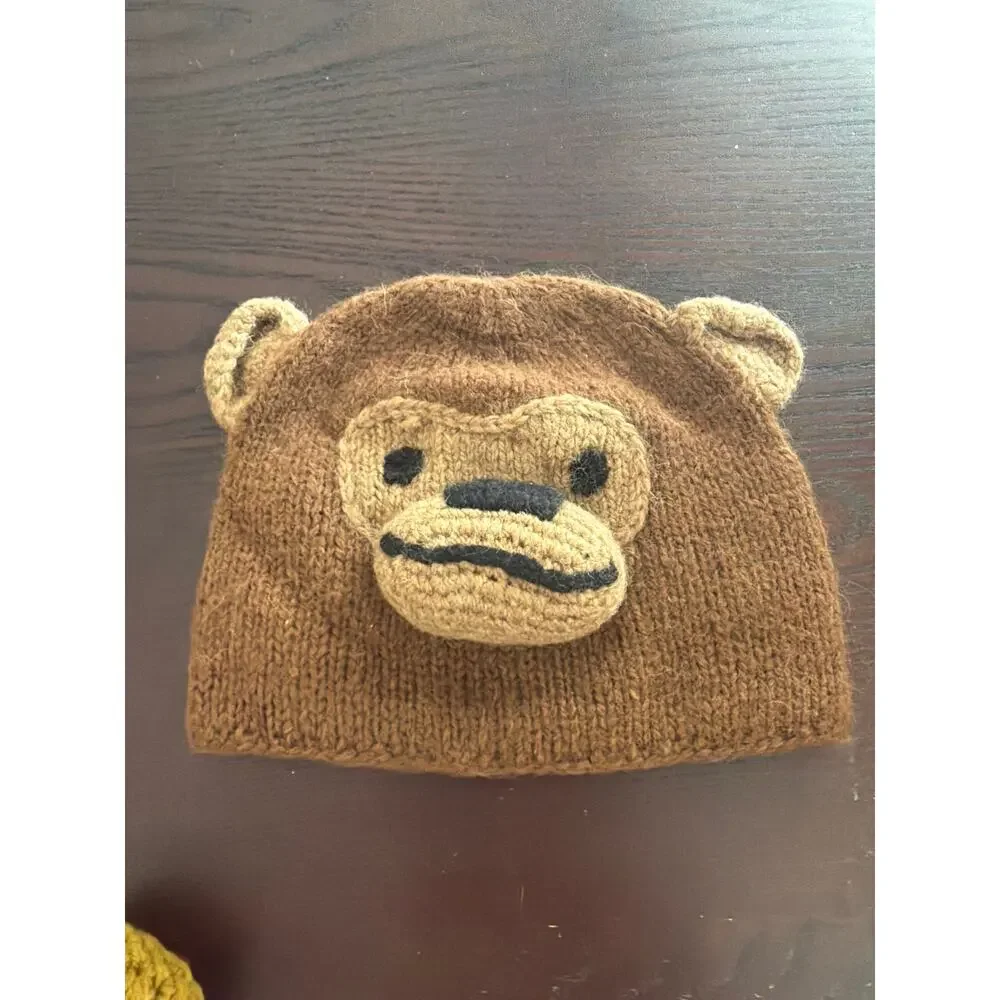 Handmade Monkey Hat Knit Bear Beanie Hat Brown Alpaca Fleece Lined 3D